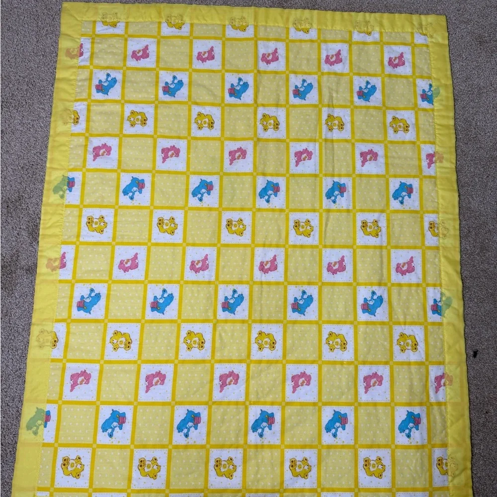 Handmade Vintage Care Bear Sunshine Bear Quilt Baby Toddler Kid Blanket Bedding